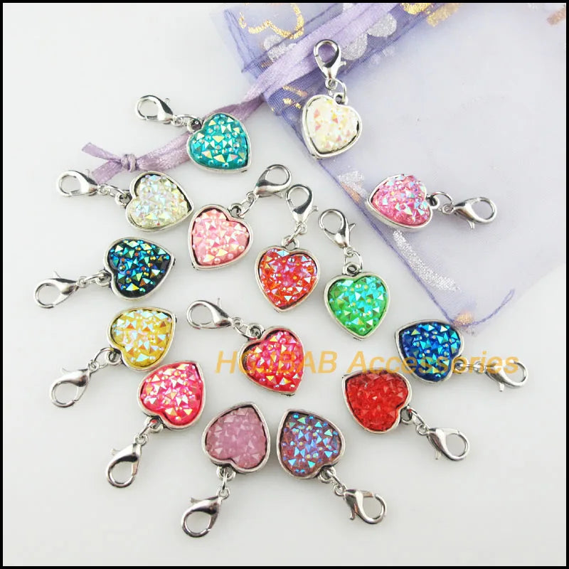15Pcs Tibetan Silver Plated Heart Frame Mixed Resin Charms Pendants With Lobster Claw Clasps 13.5x17mm