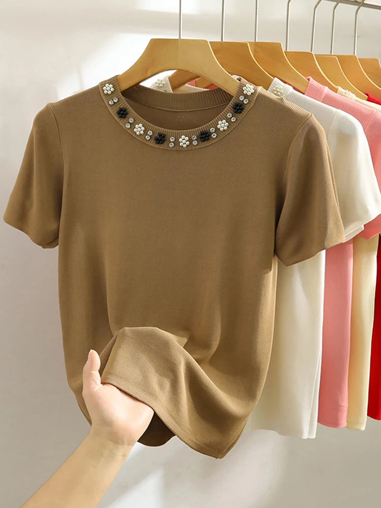 2025 Korea Knitted T-shirt Women Top Solid Y2K Summer New Fashion Female Sleeveless Beading Casual Thin Tops White Black