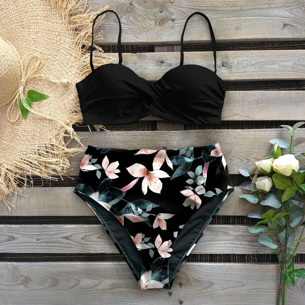 2024 Sexy Leaf Print Bikini Female Swimsuit Women Swimwear Thong Push Up Bikinis Set High Waist Swimming Suits for Bathing Suit