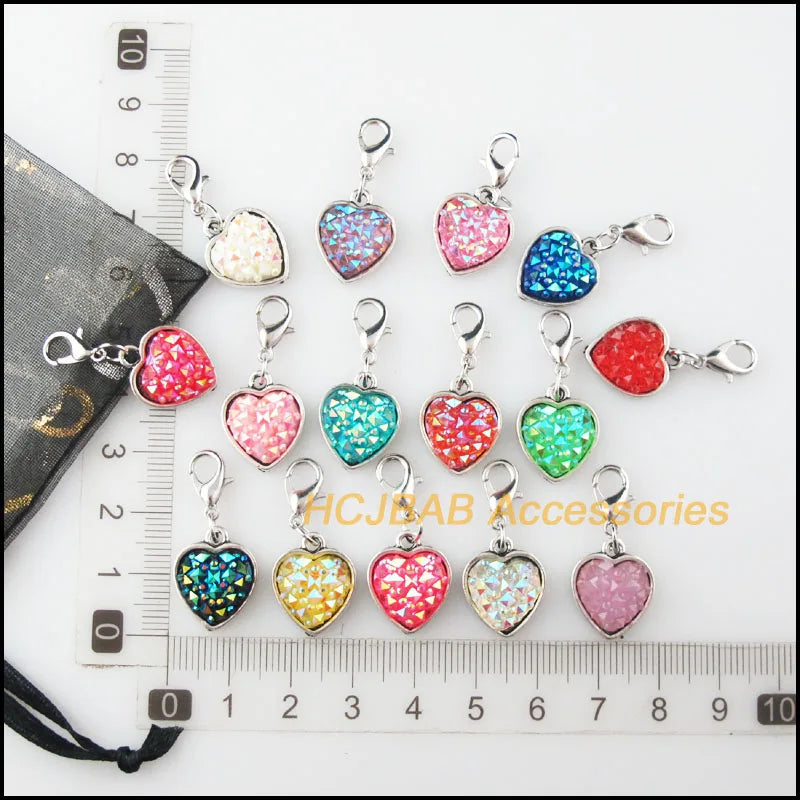 15Pcs Tibetan Silver Plated Heart Frame Mixed Resin Charms Pendants With Lobster Claw Clasps 13.5x17mm