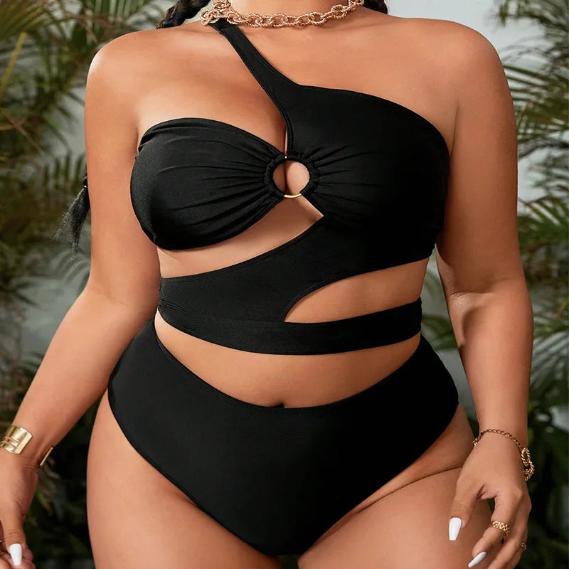 2024 Plus Size Swimwear One Shoulder Cut Out Black Sexy Women's Swimsuit Curvy Female Bikini Sets