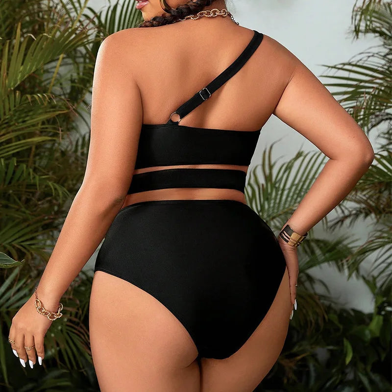 2024 Plus Size Swimwear One Shoulder Cut Out Black Sexy Women's Swimsuit Curvy Female Bikini Sets