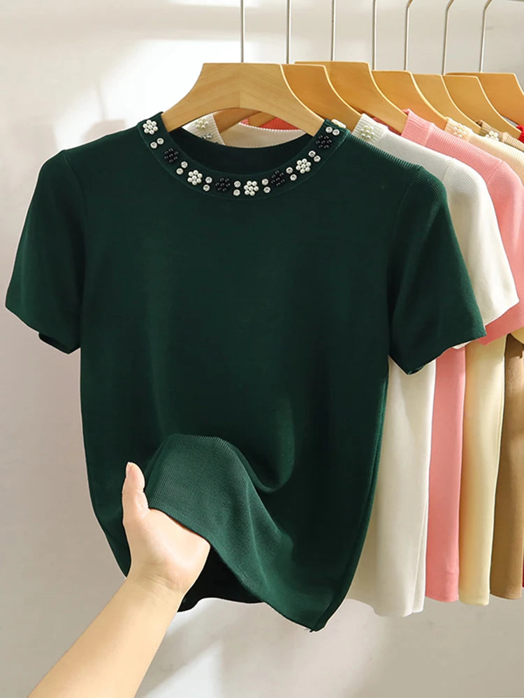 2025 Korea Knitted T-shirt Women Top Solid Y2K Summer New Fashion Female Sleeveless Beading Casual Thin Tops White Black