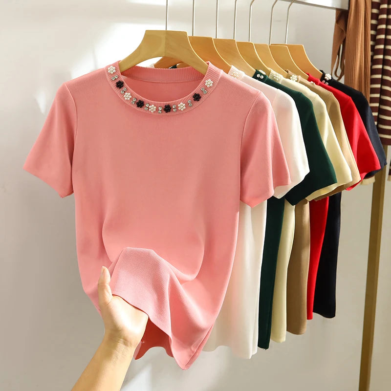 2025 Korea Knitted T-shirt Women Top Solid Y2K Summer New Fashion Female Sleeveless Beading Casual Thin Tops White Black