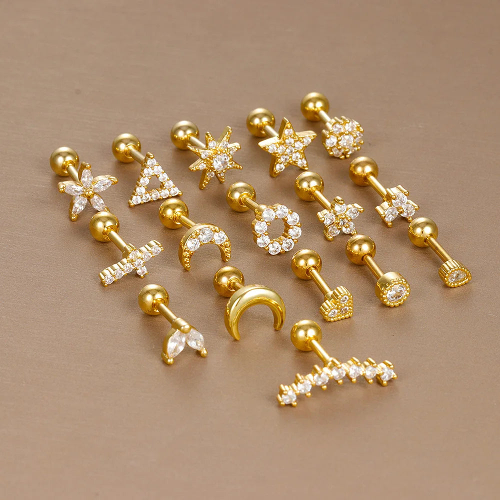 1Piece New Design Stainless Steel Crystal Zirconia Star Moon Studs Earring Double Head Screw Cartilage Earrings Piercing Jewelry