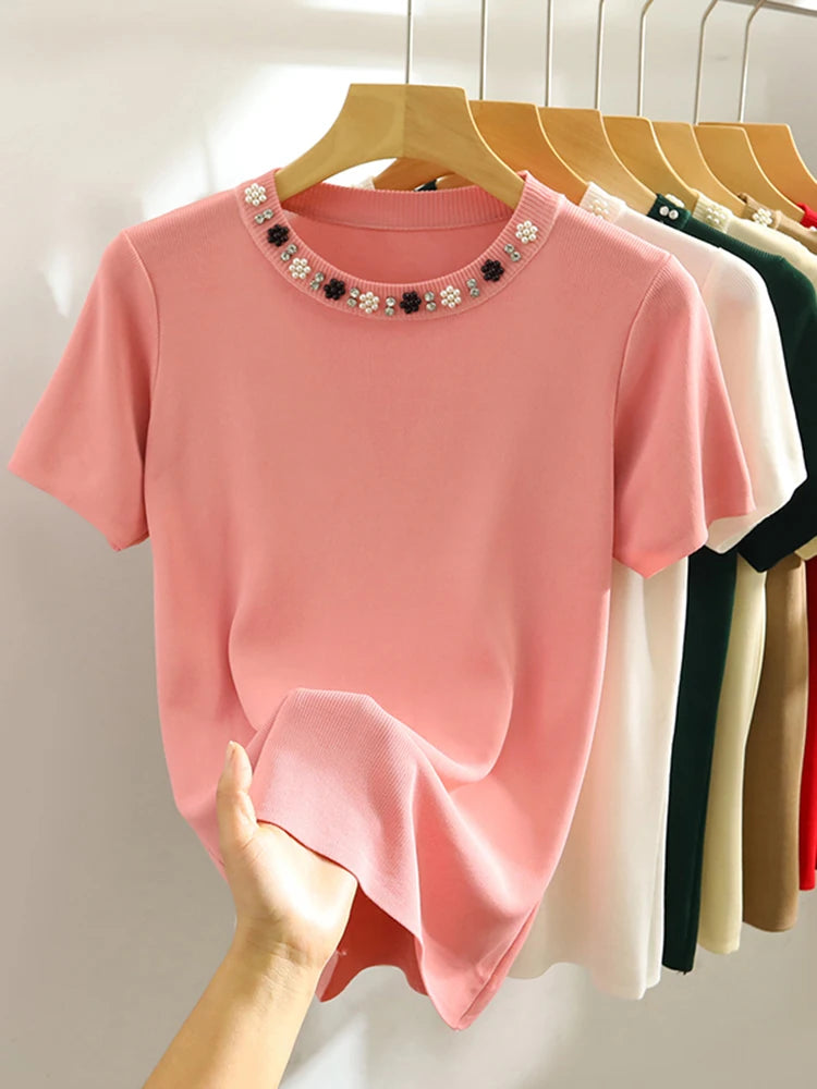 2025 Korea Knitted T-shirt Women Top Solid Y2K Summer New Fashion Female Sleeveless Beading Casual Thin Tops White Black