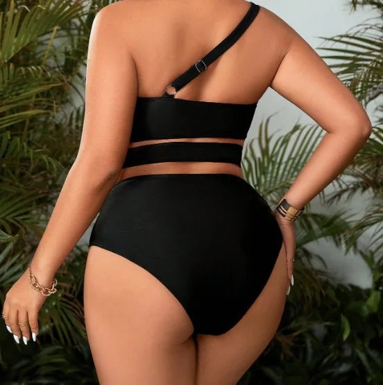 2024 Plus Size Swimwear One Shoulder Cut Out Black Sexy Women's Swimsuit Curvy Female Bikini Sets