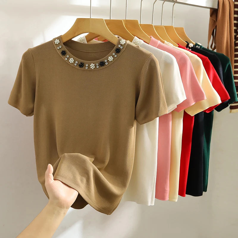 2025 Korea Knitted T-shirt Women Top Solid Y2K Summer New Fashion Female Sleeveless Beading Casual Thin Tops White Black