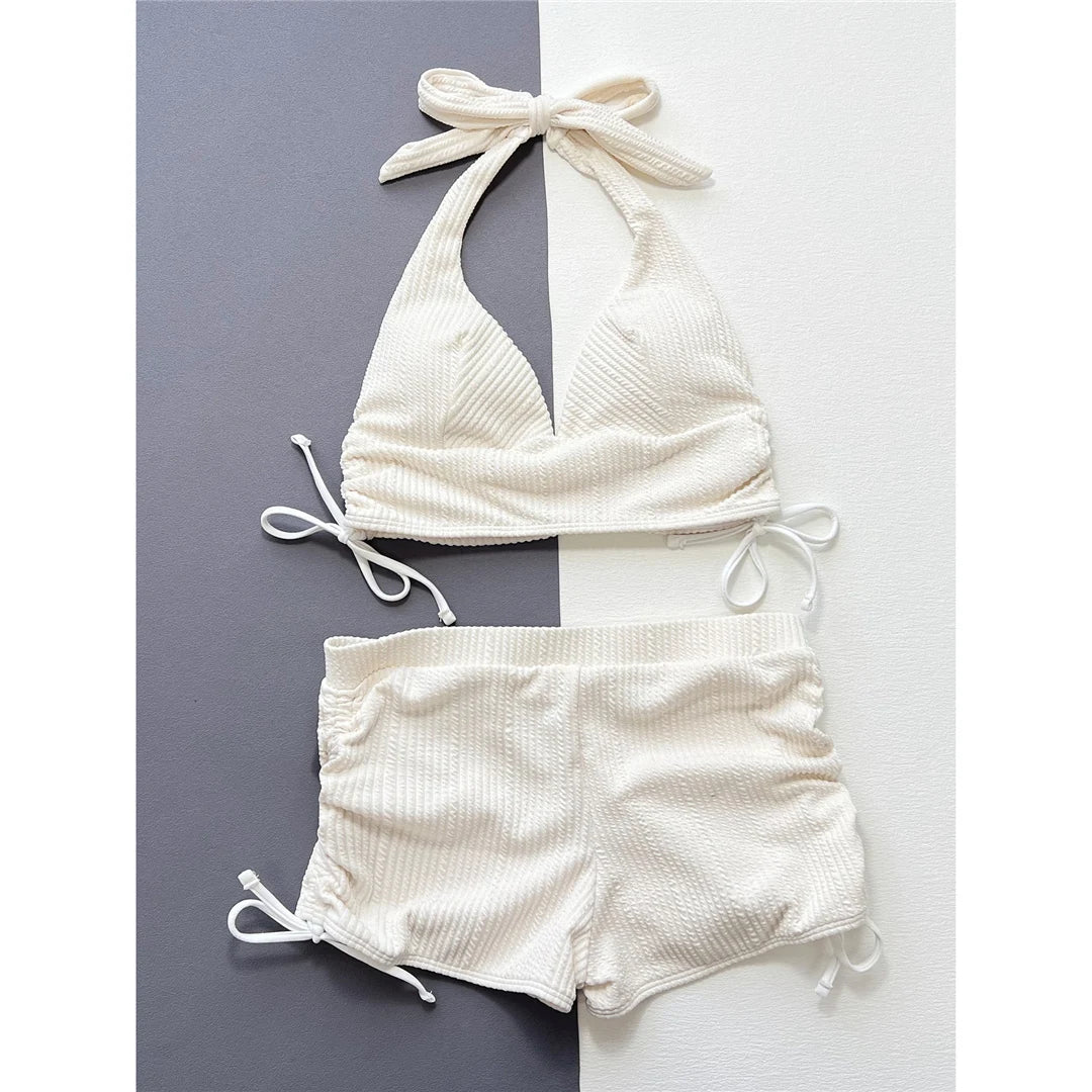 2025 Halter V Neck Shorts Female Swimsuit High Waist Bikini Women Swimwear Two-pieces Bikini set Bather Bathing Suit Swim V5447