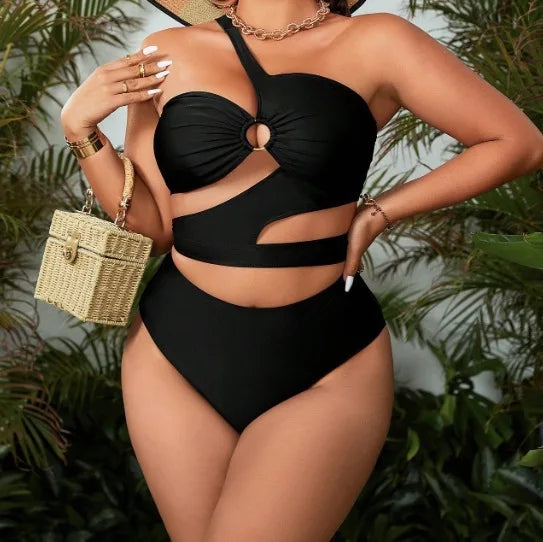 2024 Plus Size Swimwear One Shoulder Cut Out Black Sexy Women's Swimsuit Curvy Female Bikini Sets