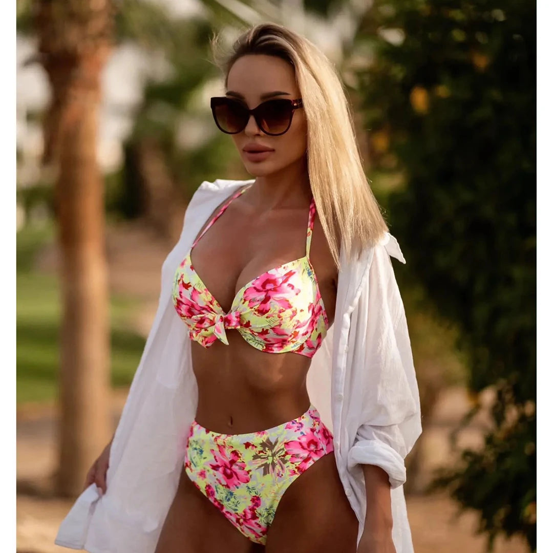 2024 Sexy Leaf Print Bikini Female Swimsuit Women Swimwear Thong Push Up Bikinis Set High Waist Swimming Suits for Bathing Suit