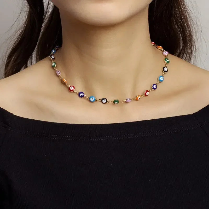 2024 new Turkey Evil Eye Necklace for Women Blue Eye Stainless Steel Chain Choker Clavicle Chain Ethnic Lucky Ear Jewelry Gifts
