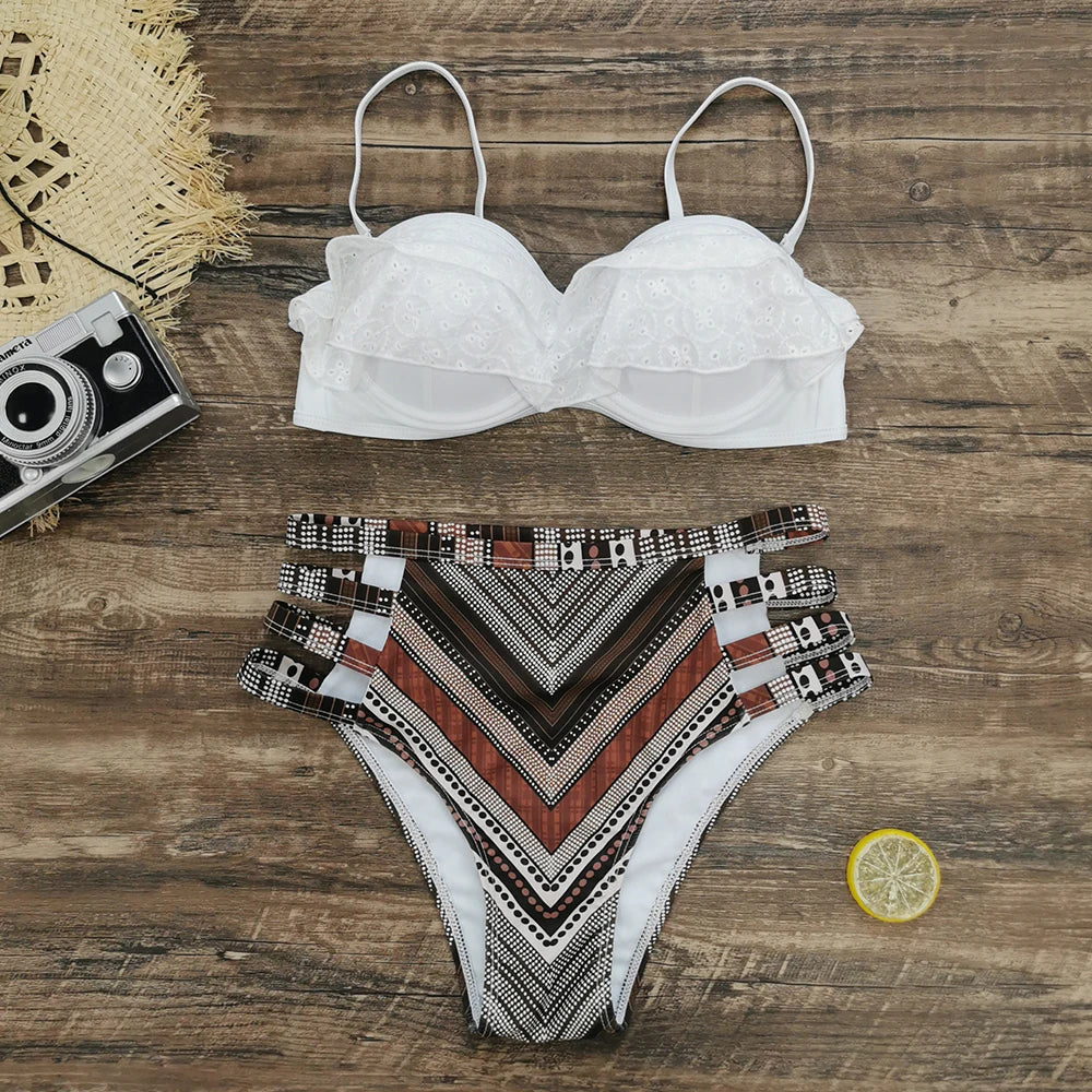 2024 Sexy Leaf Print Bikini Female Swimsuit Women Swimwear Thong Push Up Bikinis Set High Waist Swimming Suits for Bathing Suit