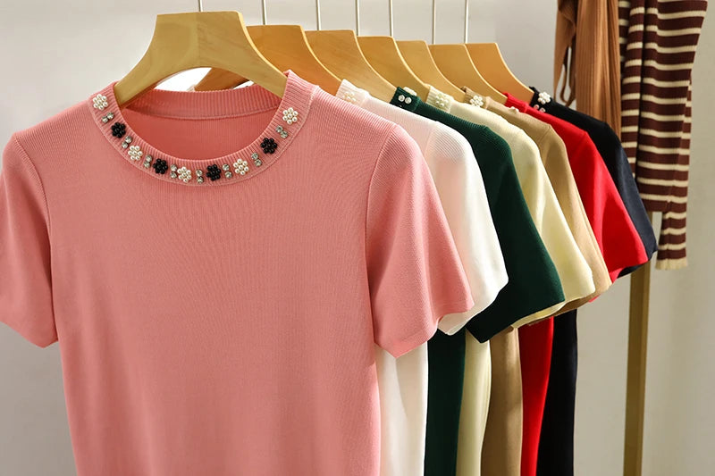 2025 Korea Knitted T-shirt Women Top Solid Y2K Summer New Fashion Female Sleeveless Beading Casual Thin Tops White Black