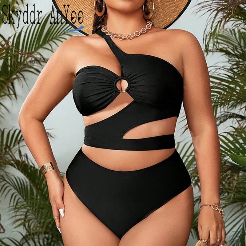 2024 Plus Size Swimwear One Shoulder Cut Out Black Sexy Women's Swimsuit Curvy Female Bikini Sets