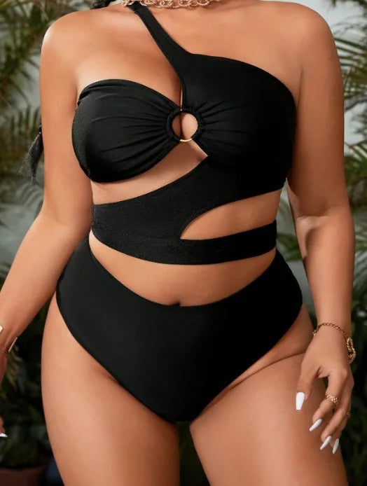 2024 Plus Size Swimwear One Shoulder Cut Out Black Sexy Women's Swimsuit Curvy Female Bikini Sets