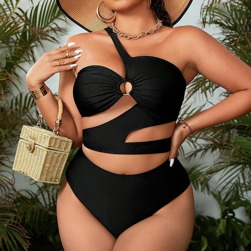 2024 Plus Size Swimwear One Shoulder Cut Out Black Sexy Women's Swimsuit Curvy Female Bikini Sets